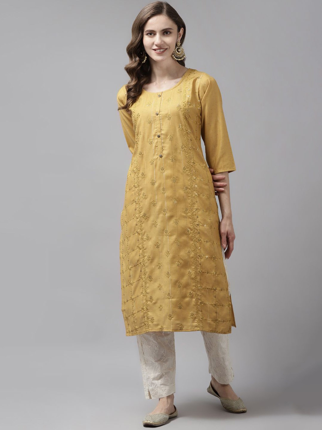 

BAESD Floral Embroidered Round Neck Sequins Straight Kurta, Yellow