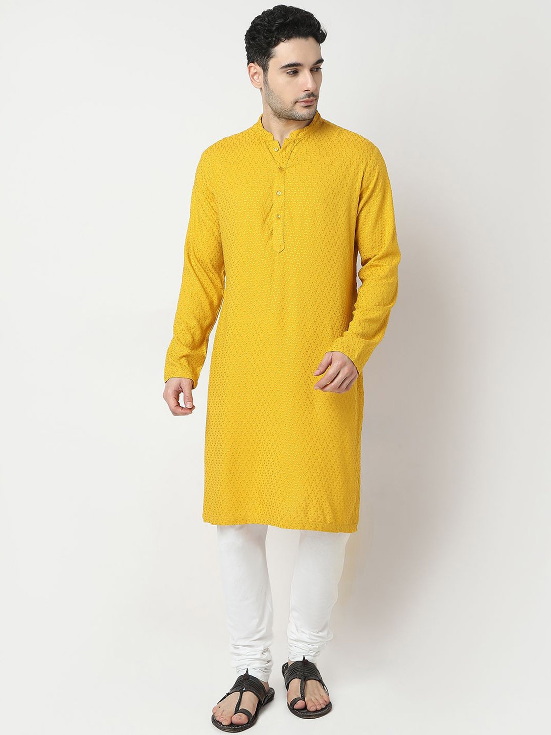 

Ethnicity Floral Embroidered Mandarin Collar Straight Kurta, Yellow