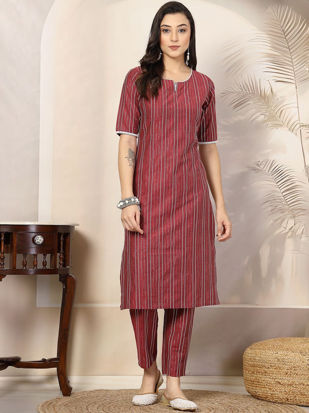 

Stylum Maroon & White Striped Straight Kurta with Trousers
