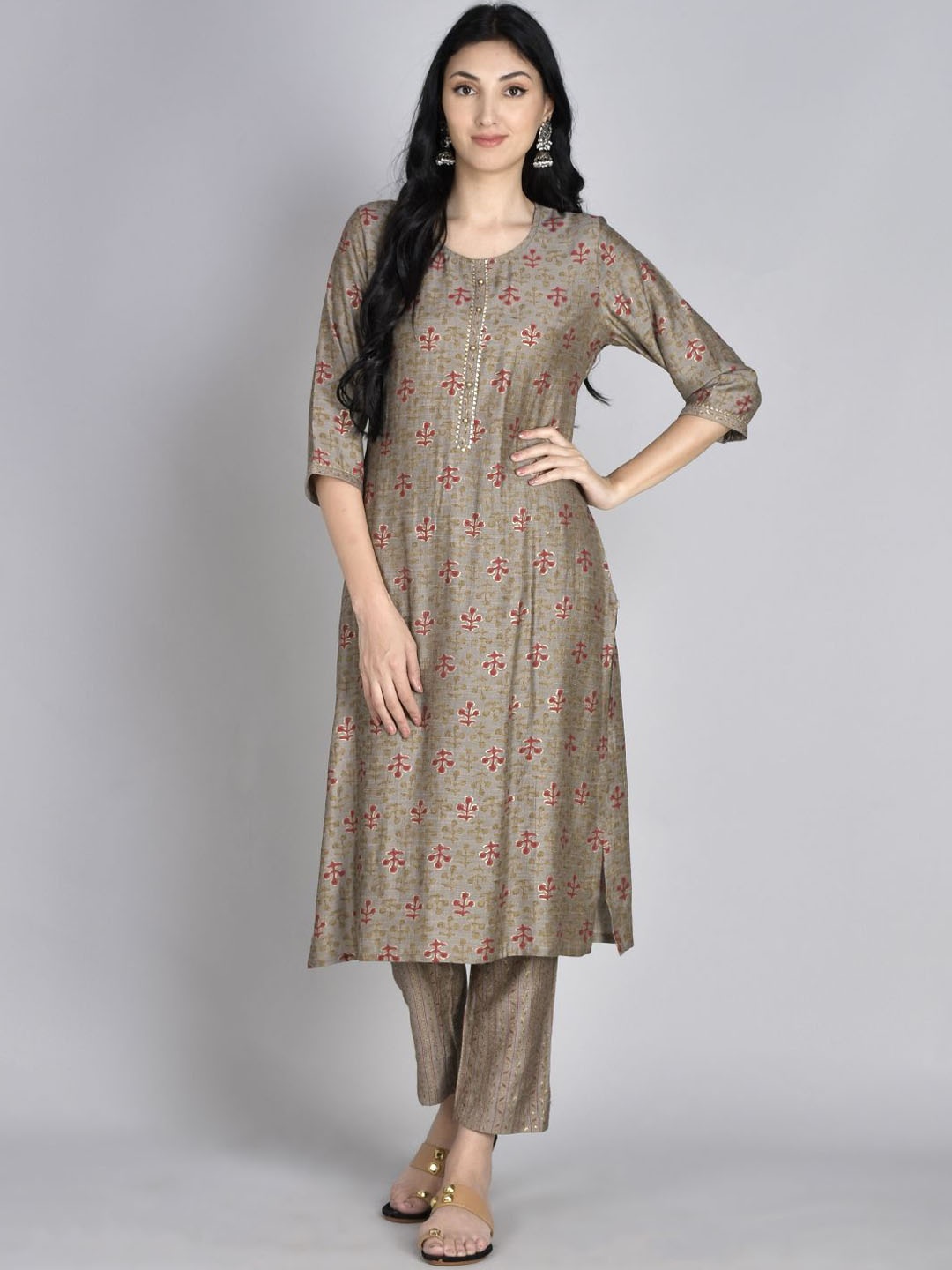 

Shree Women Floral Printed Regular Gotta Patti Liva Kurta with Trousers, Grey