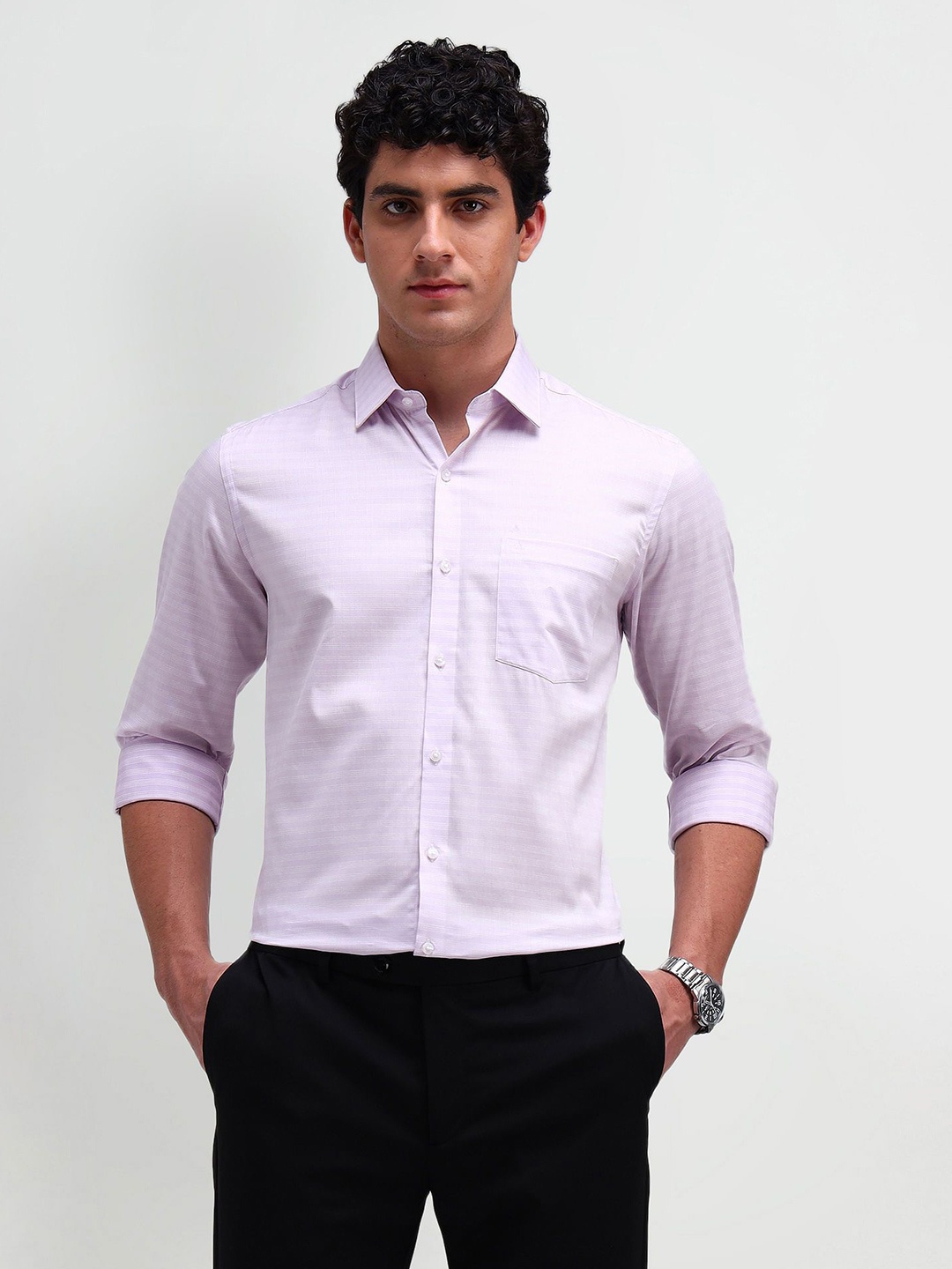 

Arrow Men Modern Spread Collar Solid Cotton Slim Fit Formal Shirt, Lavender