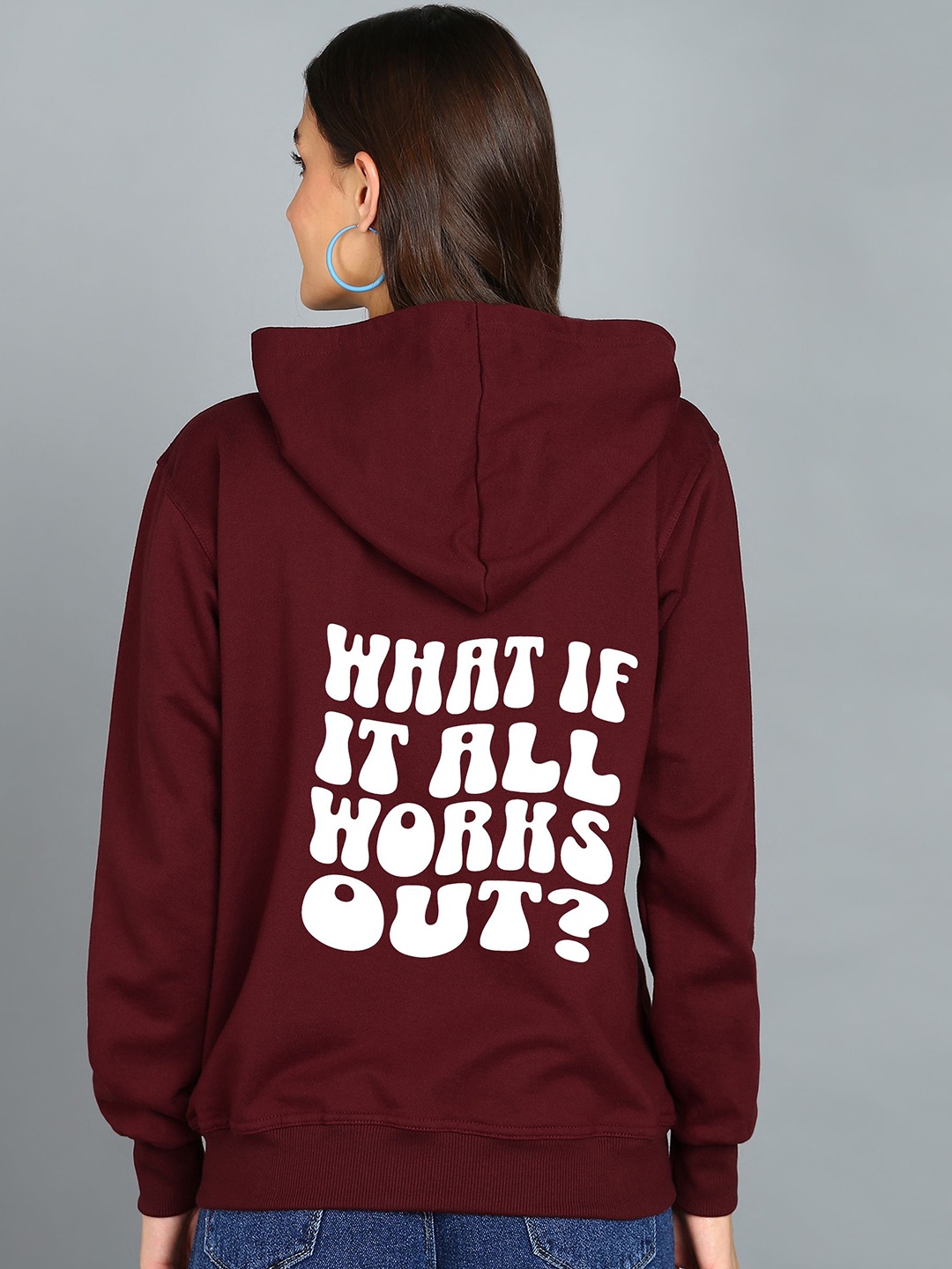 

FALTU.CO Women Printed Zip Detail Hooded Cotton Sweatshirt, Maroon