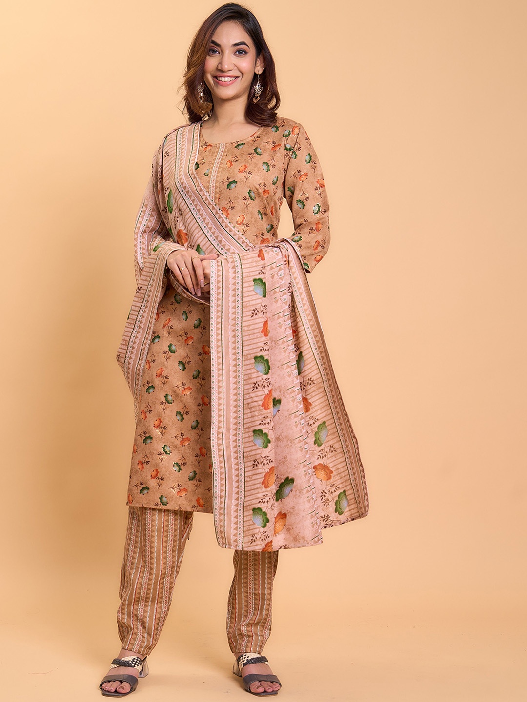 

KALINI Floral Printed Round Neck Straight Kurta With Trousers & Dupatta, Beige