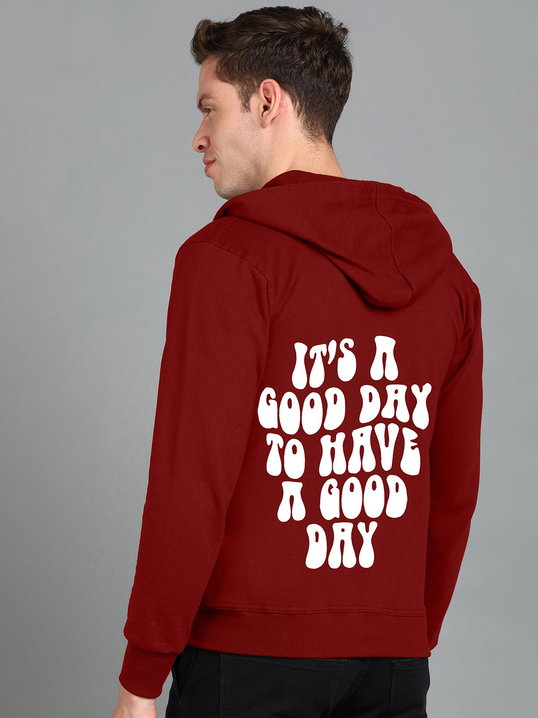 

FALTU.CO Men Printed Zip Detail Hooded Cotton Sweatshirt, Maroon