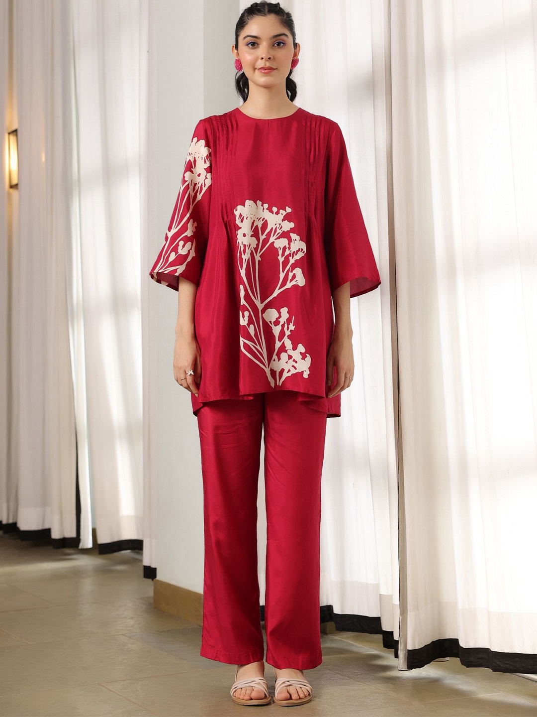 

JISORA Red Floral Printed Pure Silk Top With Trousers