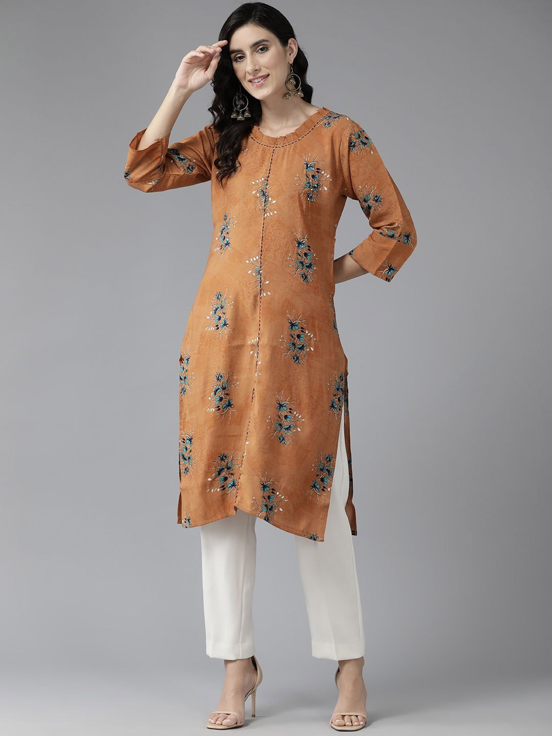 

BAESD Floral Printed Round Neck Thread Work Pure Cotton Straight Kurta, Brown