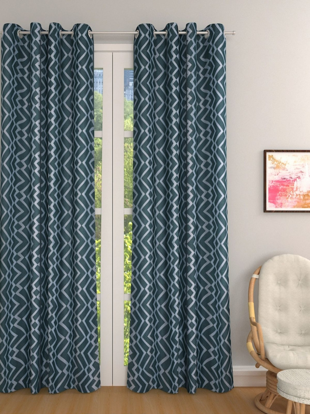 

ROMEE Green & White 2 Pieces Geometric Printed Room Darkening Door Curtain