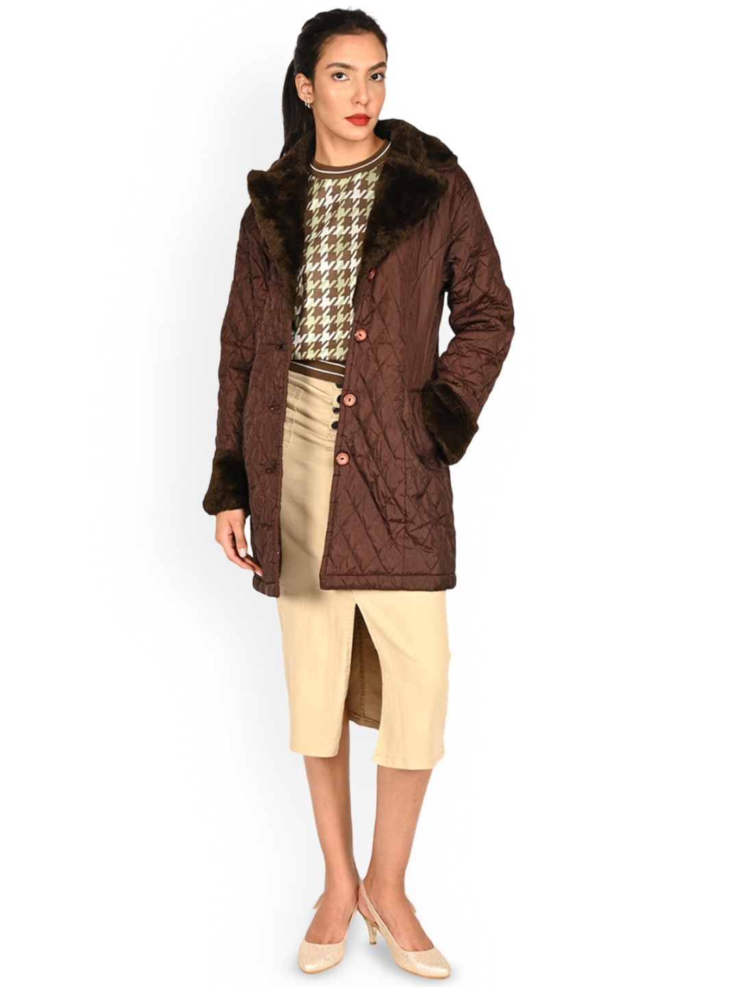 

ODETTE Women Longline Quilted Jacket, Brown
