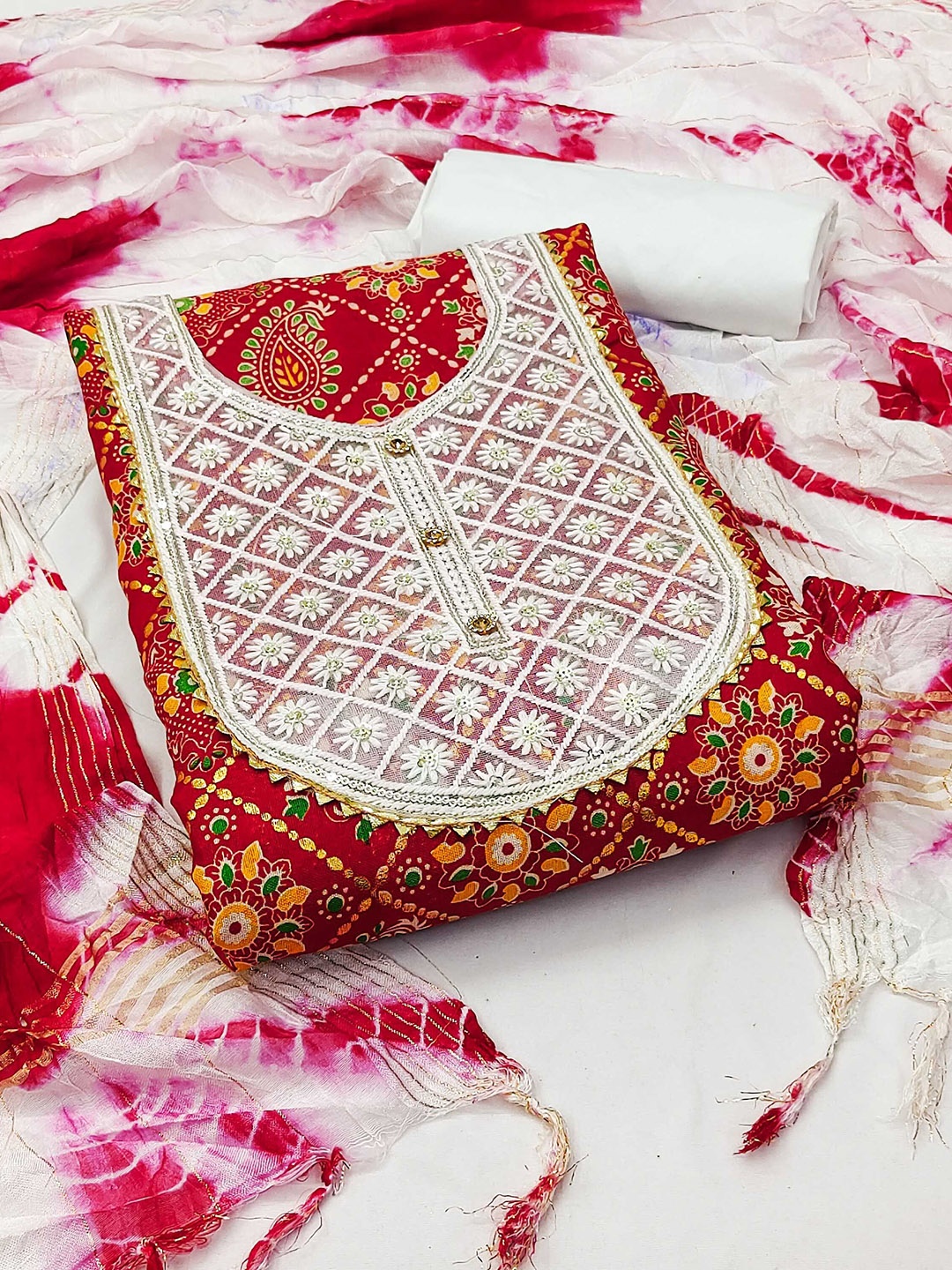 

Ishin Red Ethnic Motifs Embroidered Sequined Pure Cotton Unstitched Dress Material