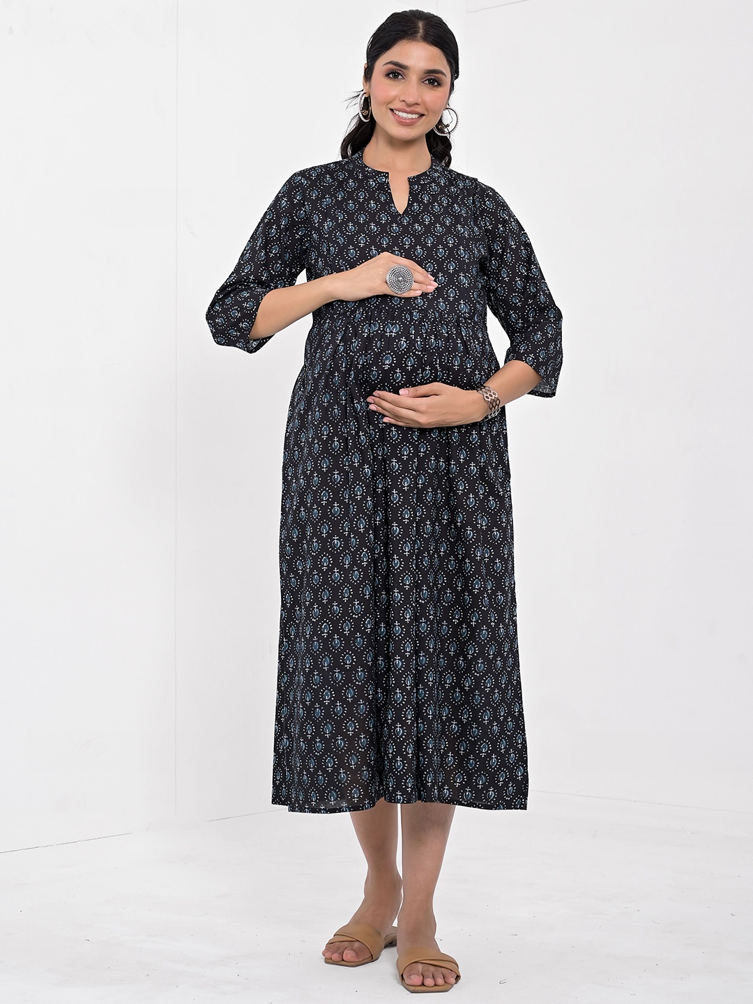 

Negen Women Ethnic Motifs Printed Maternity Fit & Flare Maxi Dress, Black