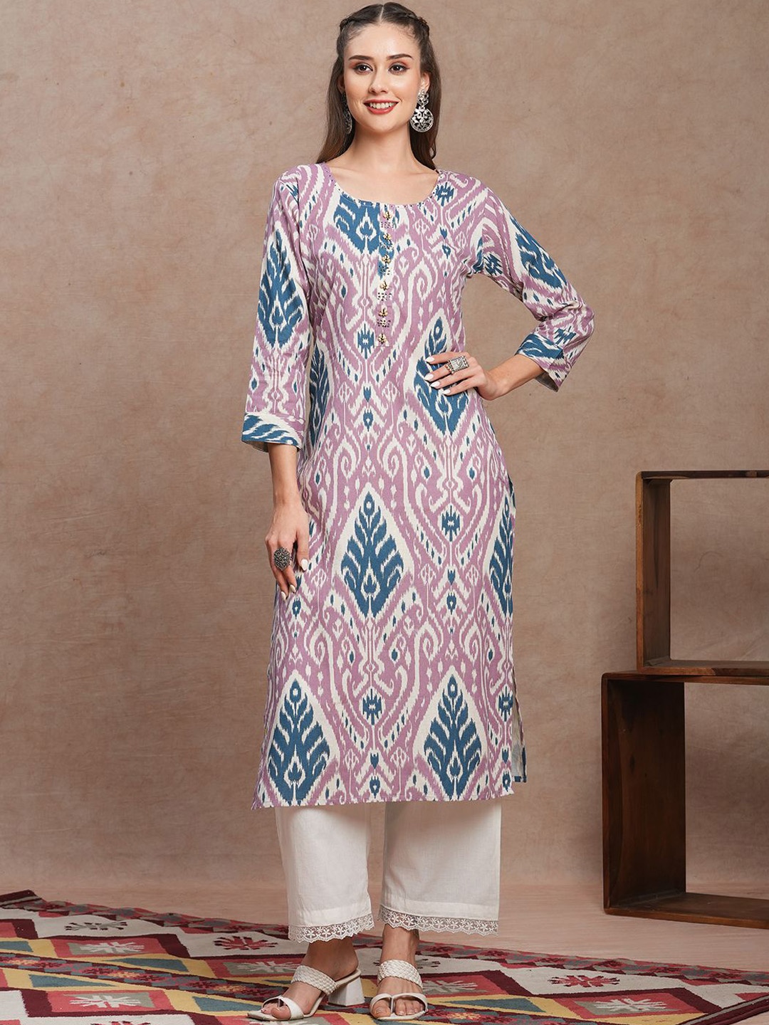 

FASHOR Ethnic Motifs Printed Round Neck Cotton Straight Kurta, Lavender