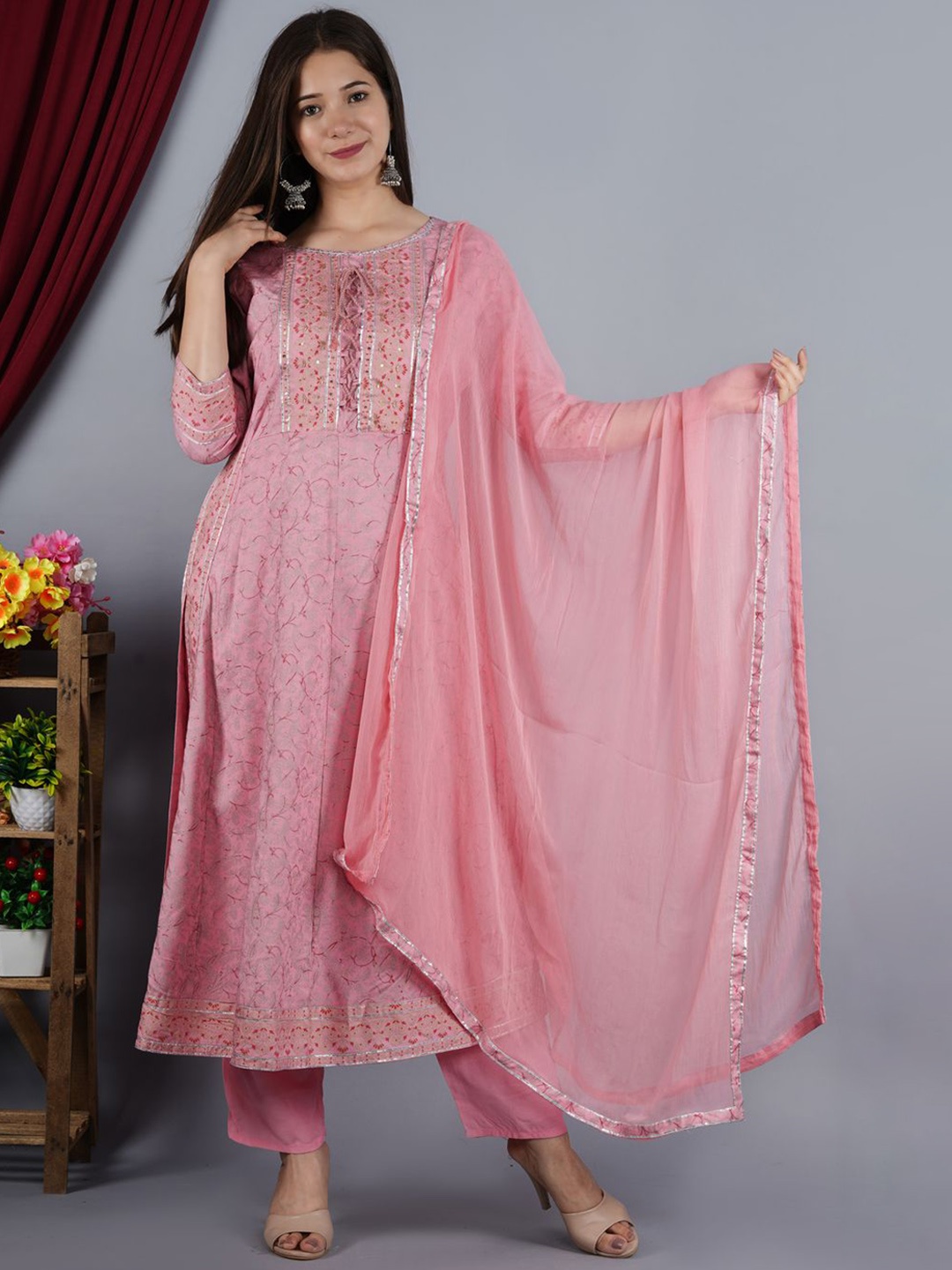 

TOULIN Floral Printed Pure Cotton Straight Kurta with Palazzos & With Dupatta, Pink