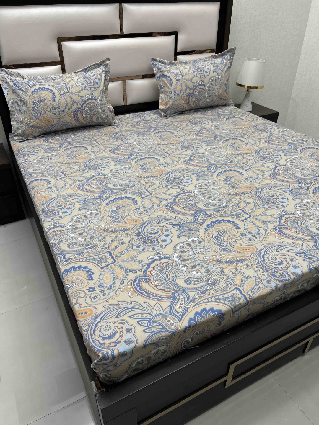 

Pure Decor Amulya Beige & Blue Printed 240 TC Microfiber Double Queen Bedsheet Set