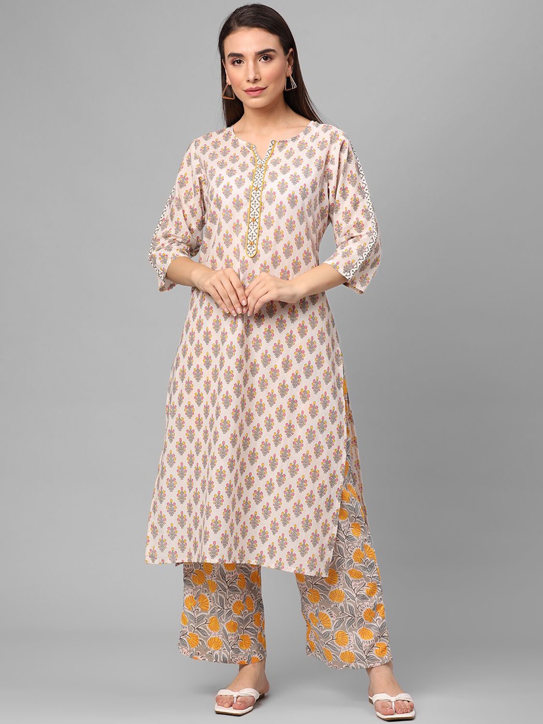 

Shree Floral Printed Notch Neck Pure Cotton Straight Kurta With Palazzos, Off white