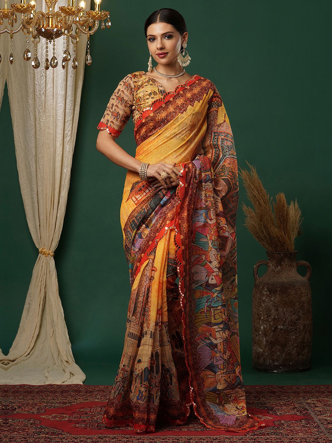 

Satrani Ethnic Motifs Mirror Work Pure Cotton Saree, Yellow