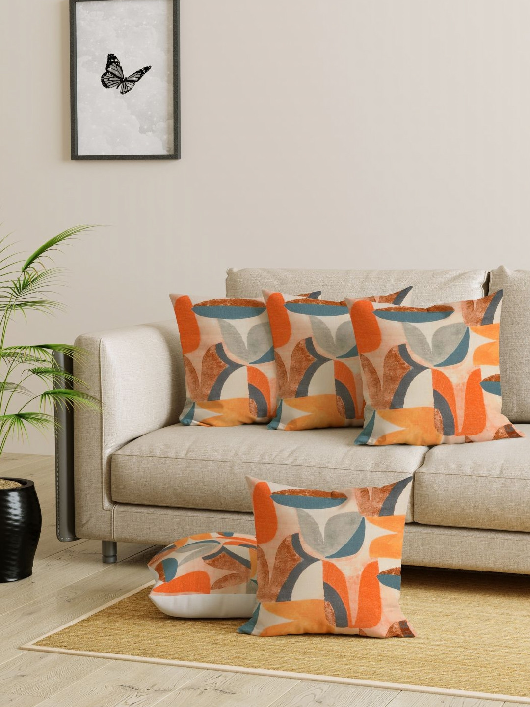 

EverHOME Orange-Coloured 5 Pieces Ethnic Motifs Printed Jute Cotton Square Cushion Covers