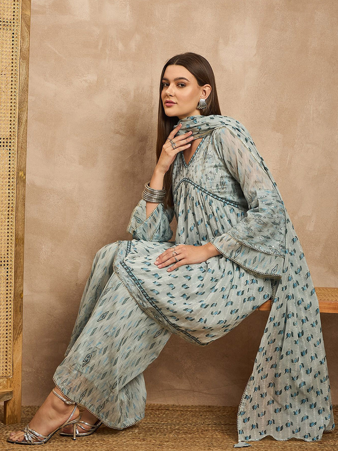 

all about you Blue Floral Printed V-Neck Bell Sleeves A-Line Kurta with Trouser & Dupatta