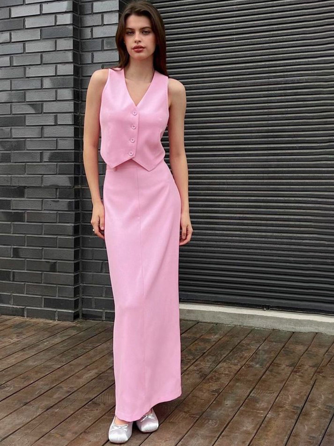 

LULU & SKY V-Neck Sleeveless Waistcoat & Skirt, Pink