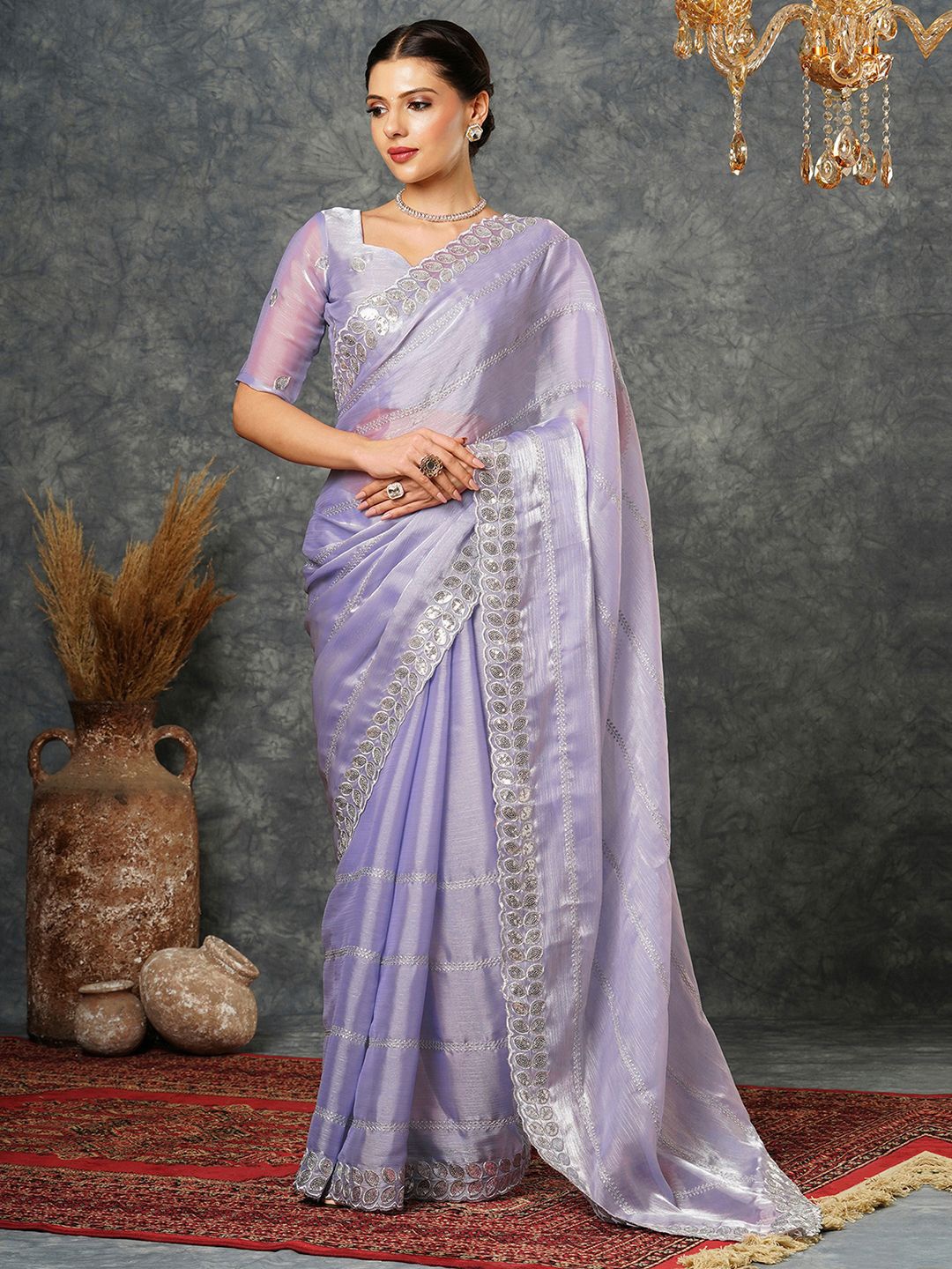 

Satrani Embellished Sequinned Embroidered Tissue Saree, Purple