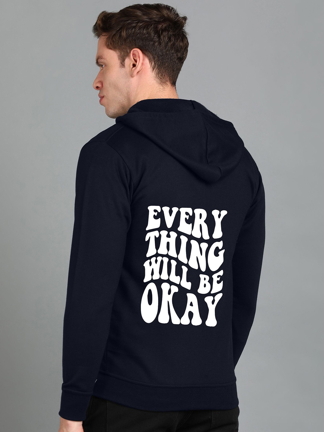 

FALTU.CO Men Typography Printed Zip Detail Hooded Sweatshirt, Navy blue