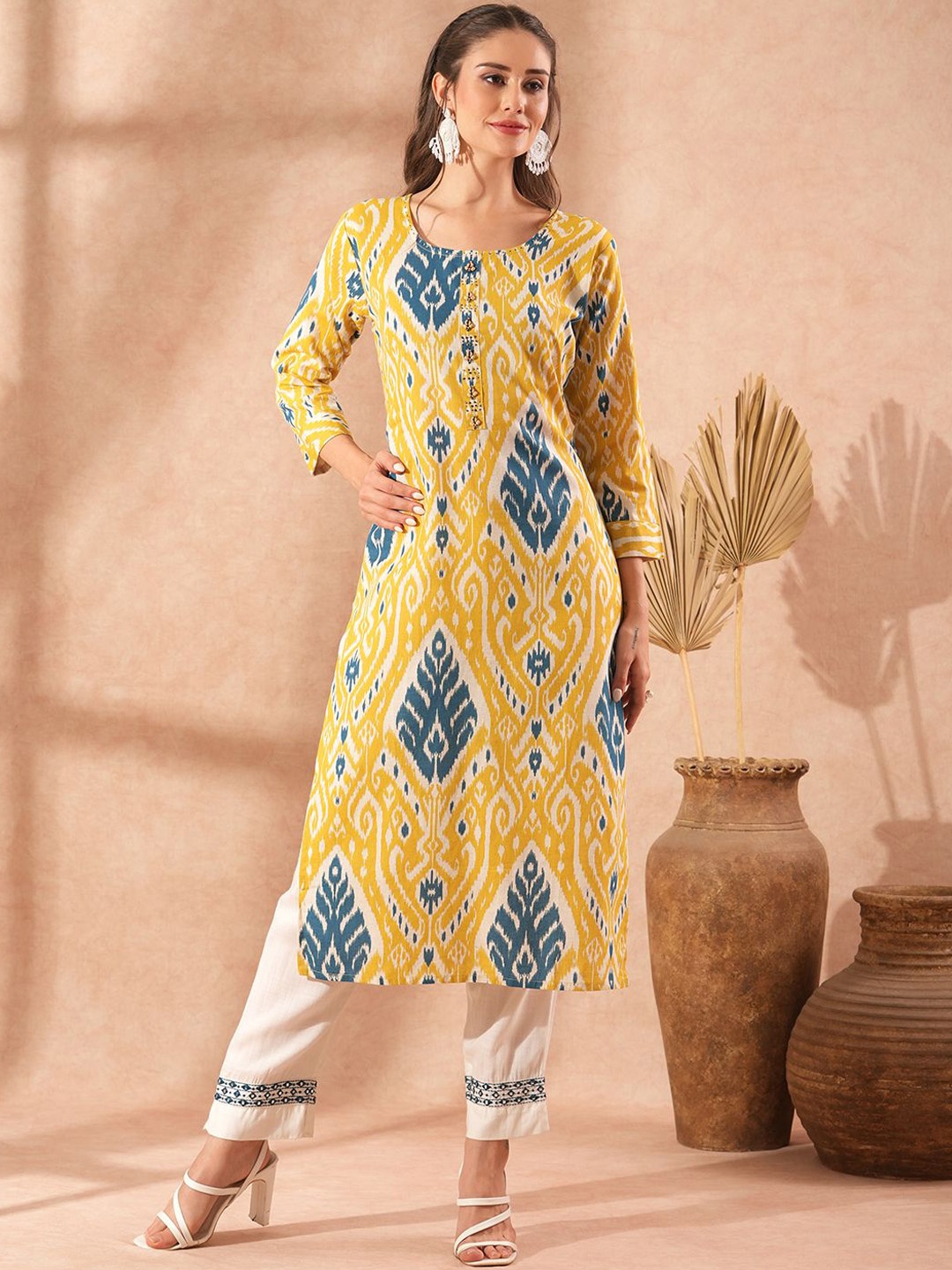 

FASHOR Ethnic Motifs Printed Round Neck Cotton Straight Kurta, Yellow
