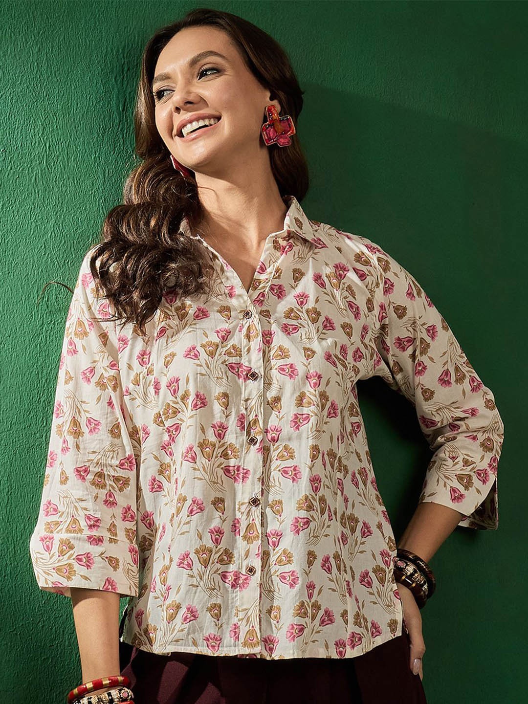 

MANVAA Women Floral Printed Shirt Collar Cotton Top, Cream