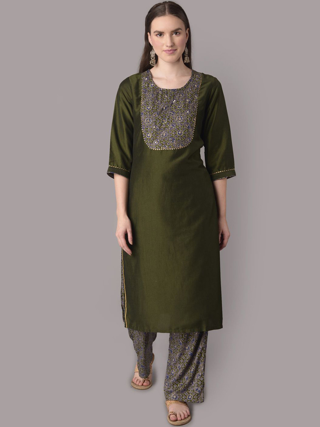 

Shree Ethnic Motifs Yoke Design Regular Gotta Patti Liva Kurta With Trousers, Olive