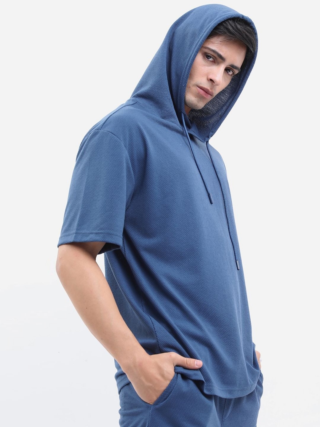 

HIGHLANDER Men Self Design Hooded T-shirt, Blue