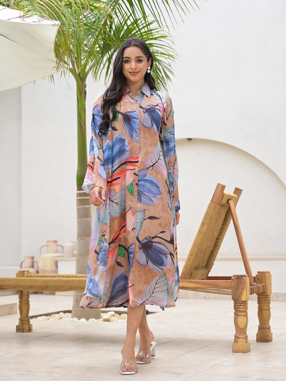 

Chandbaali Floral Print Chiffon Kaftan Midi Dress, Brown