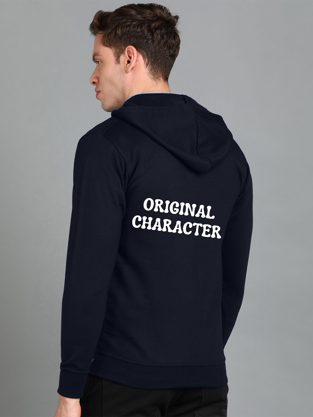 

FALTU.CO Men Printed Zip Detail Hooded Cotton Sweatshirt, Navy blue