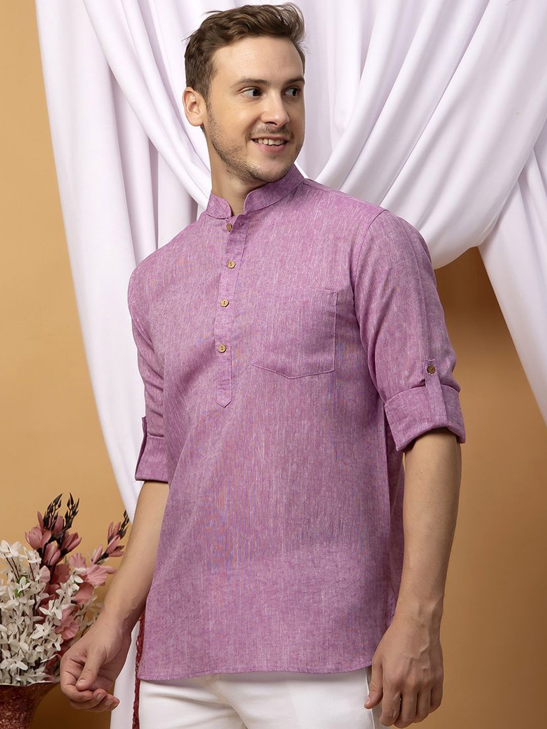 

Hangup Mandarin Collar Linen Straight Kurta, Purple