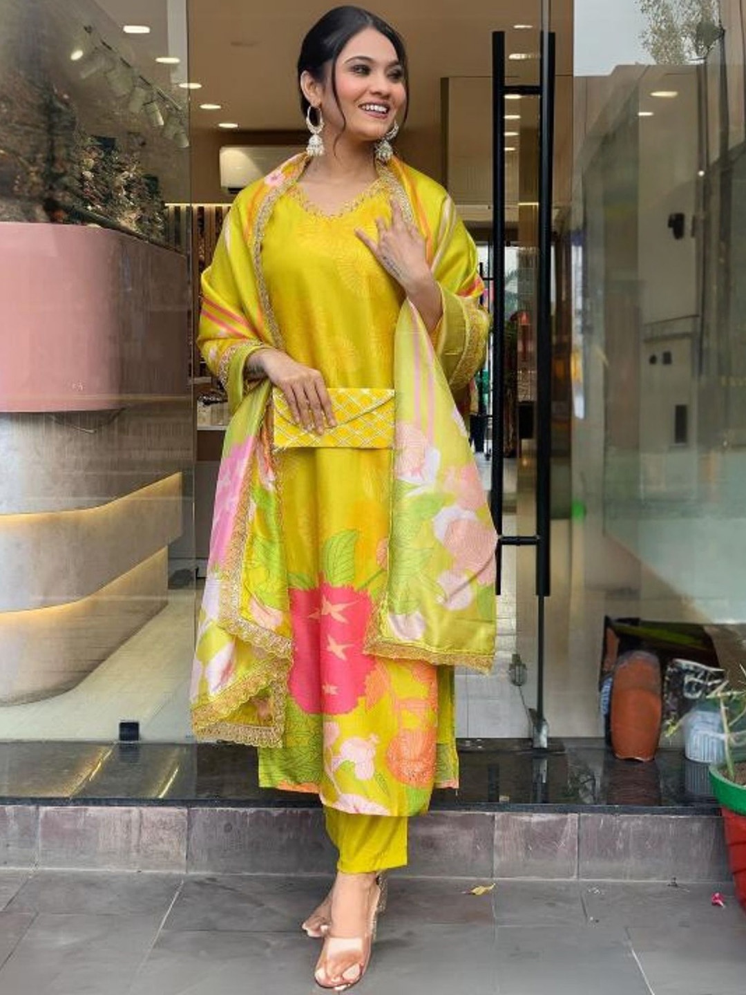 

KALINI Floral Printed V-Neck Sequinned Straight Kurta With Trousers & Dupatta, Yellow