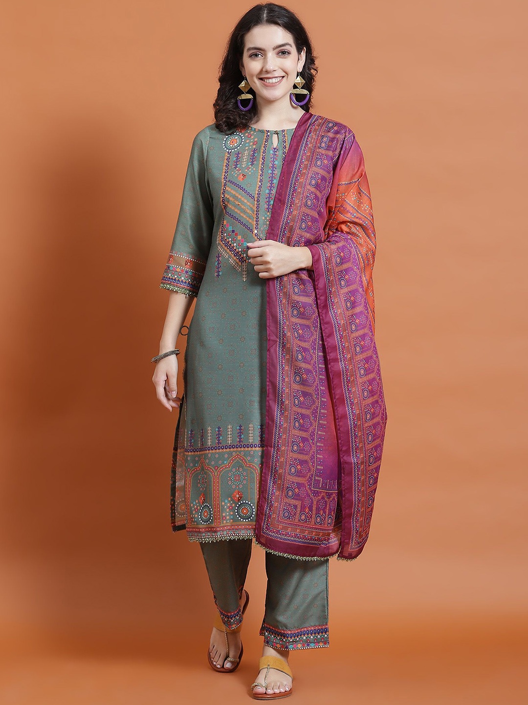 

Shree Ethnic Motifs Printed Sequinned Straight Kurta & Trousers With Dupatta, Green