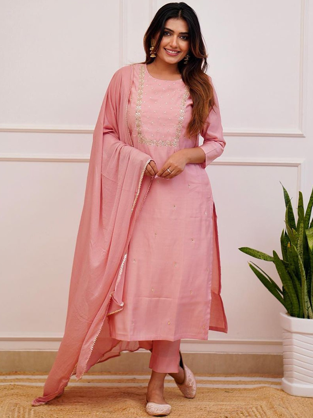 

KALINI Floral Embroidered Sequinned Kurta & Trousers With Dupatta, Peach