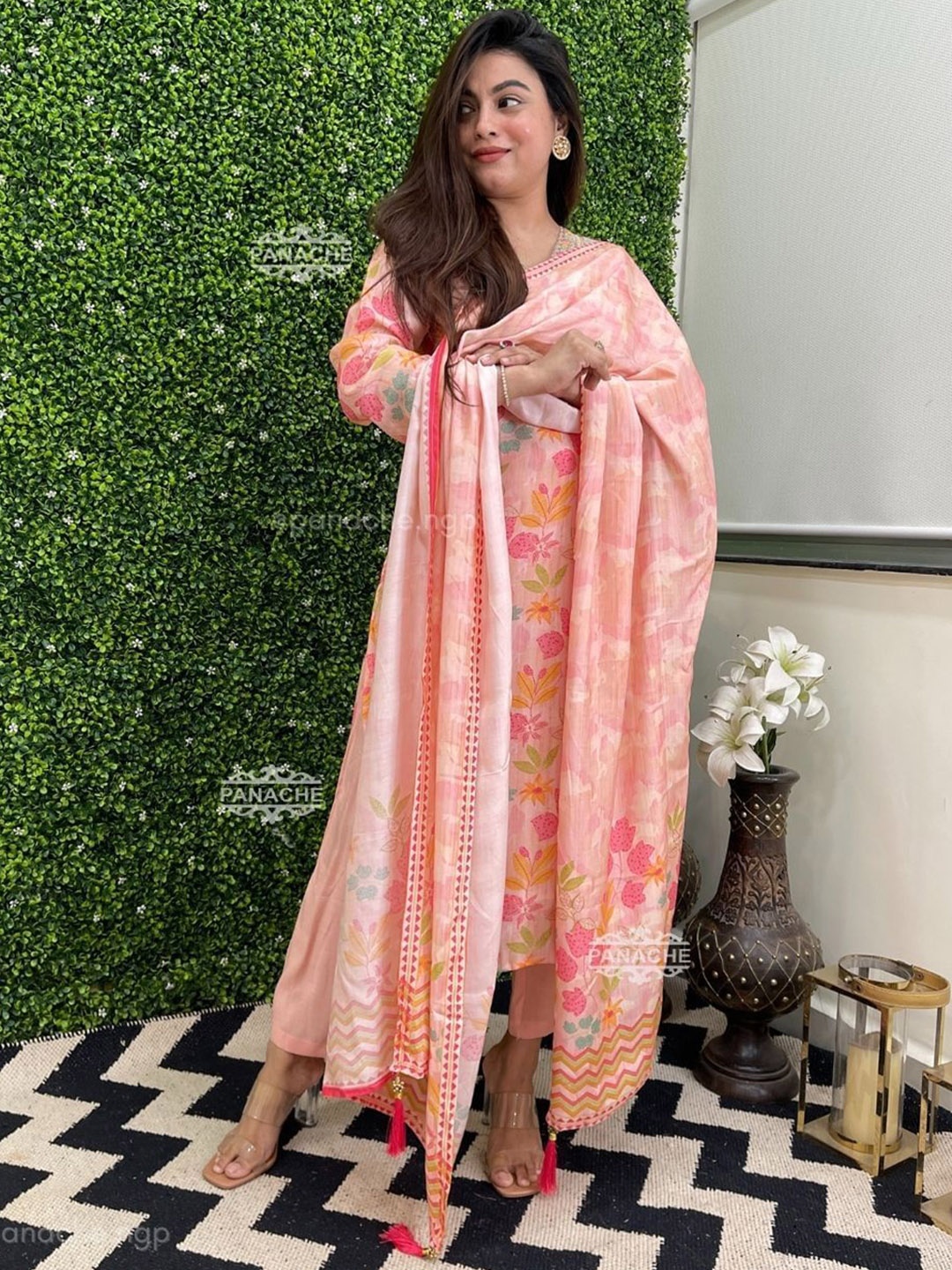 

KALINI Floral Printed Kurta & Trousers With Dupatta, Peach