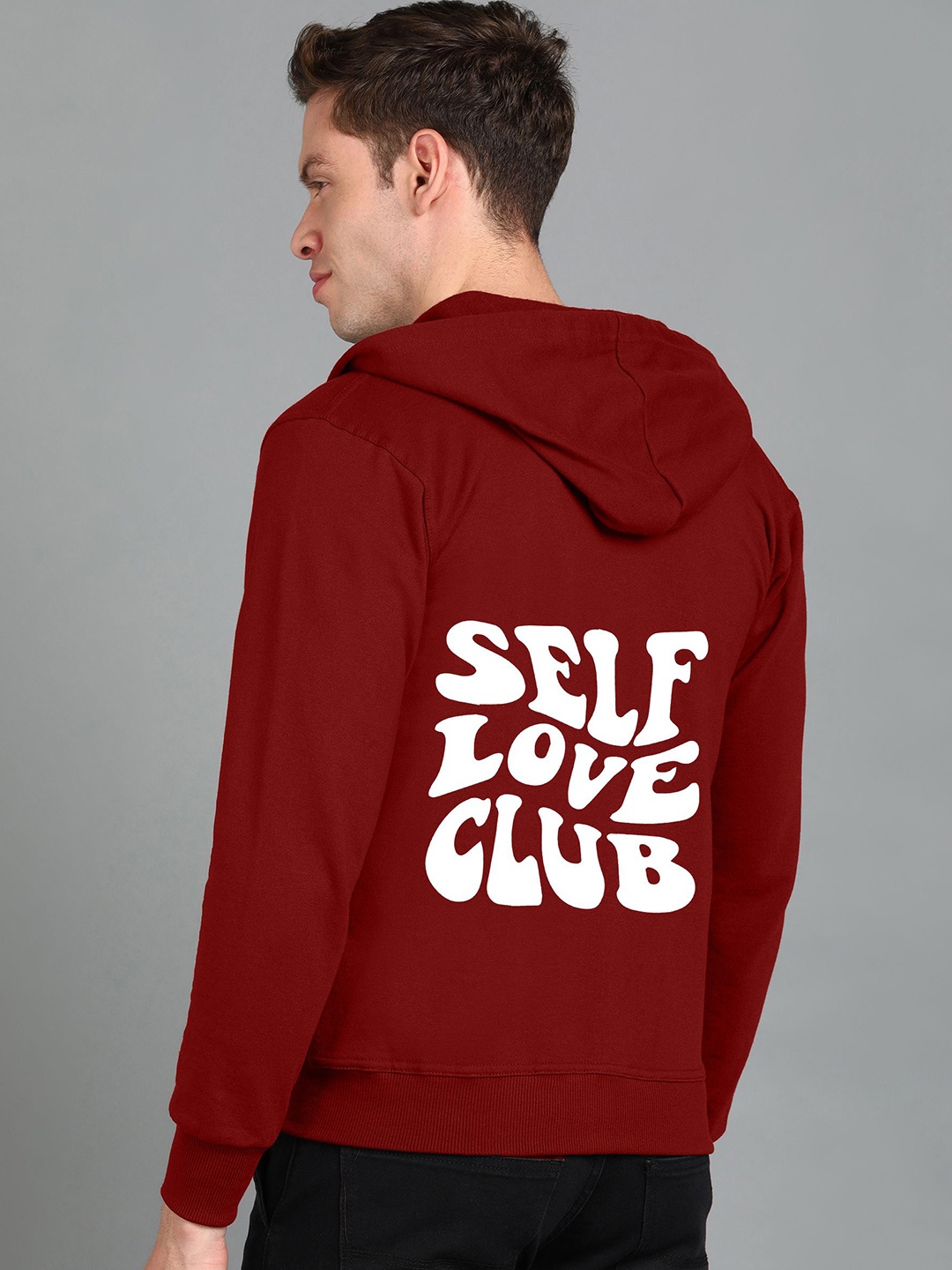 

FALTU.CO Men Printed Zip Detail Hooded Cotton Sweatshirt, Maroon