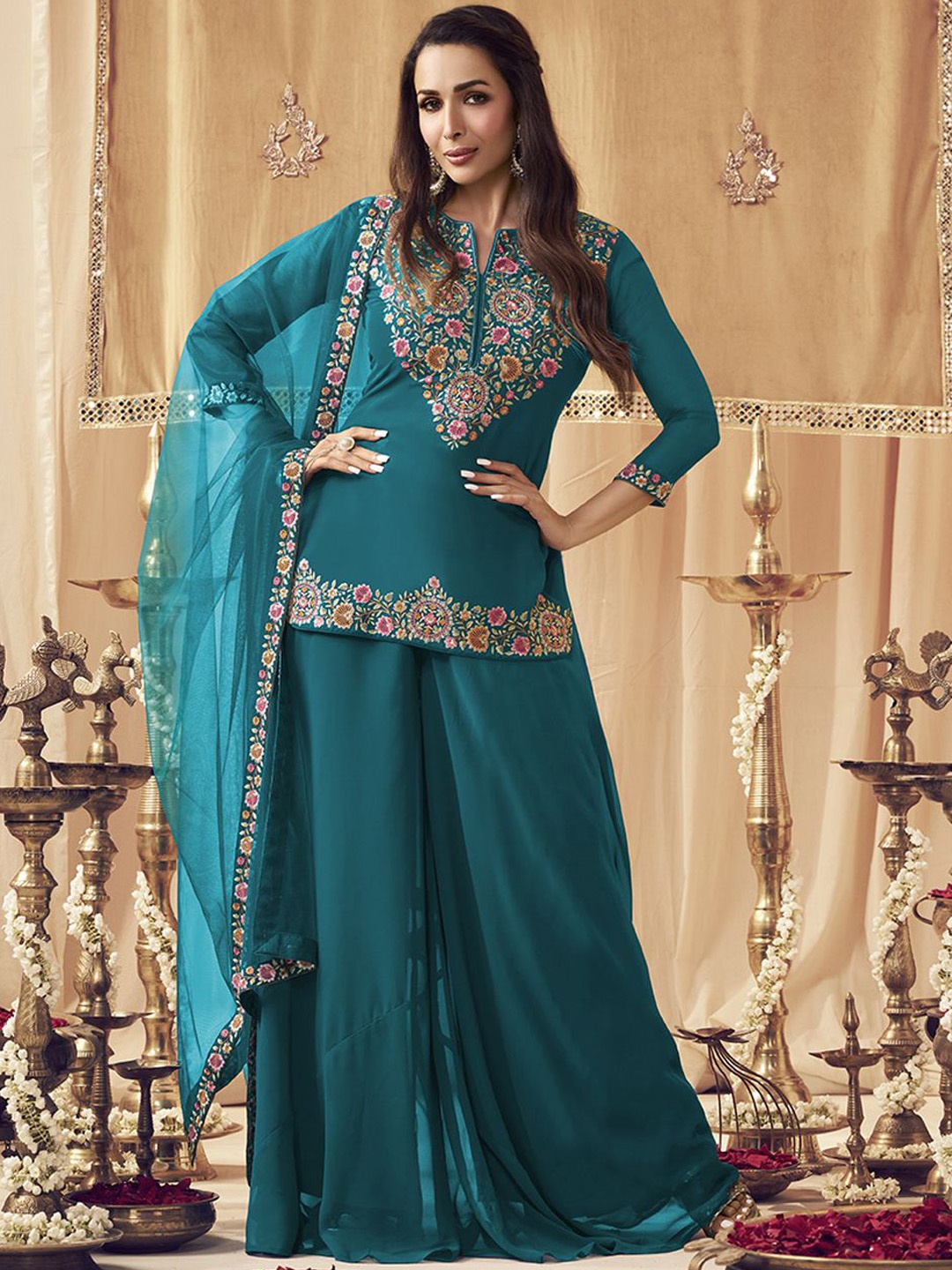 

Inddus Turquoise Blue Floral Embroidered Notch Neck Georgette Kurti with Palazzo & Dupatta