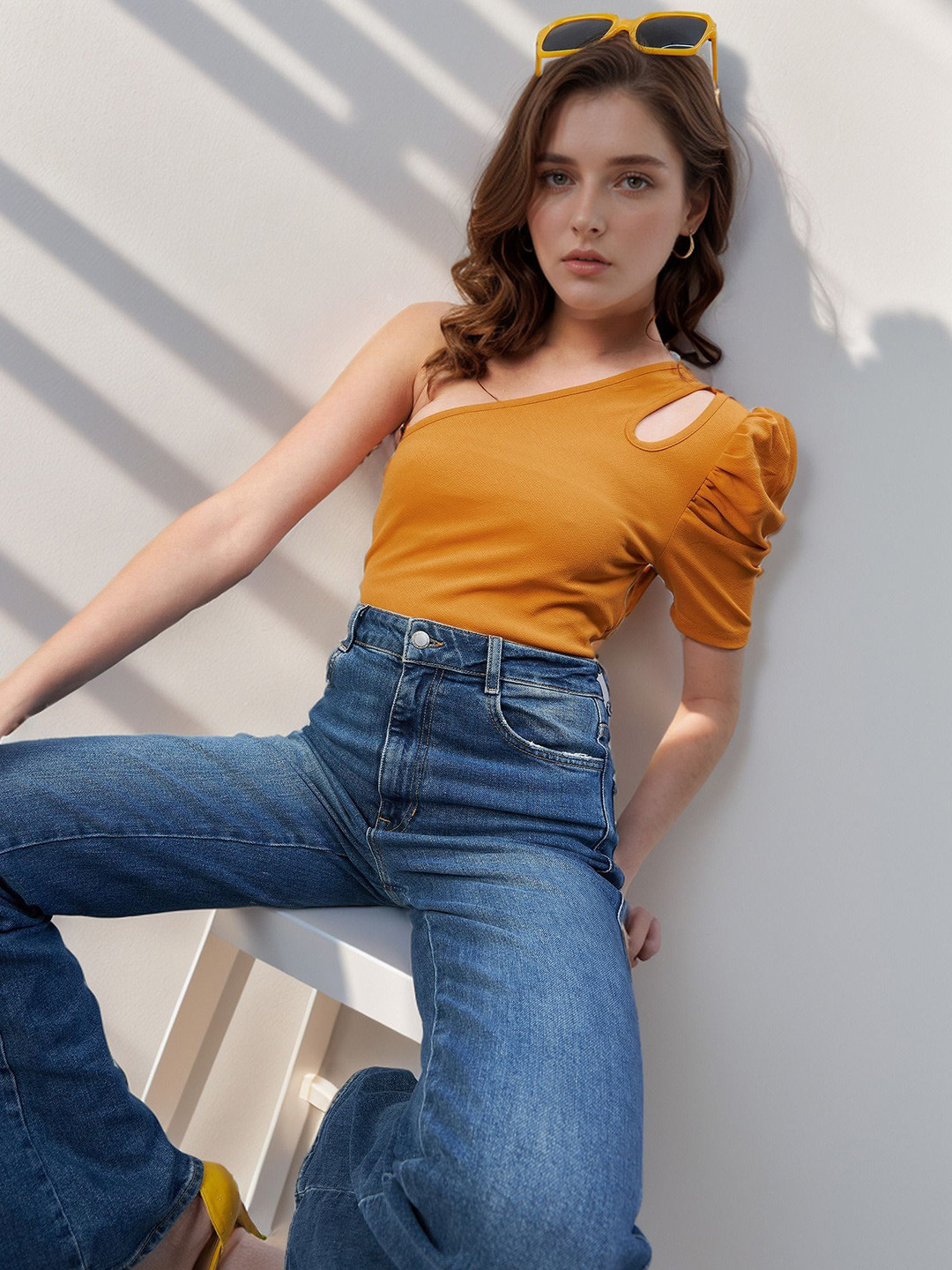 

ZYNG Women Solid One Shoulder Top, Yellow