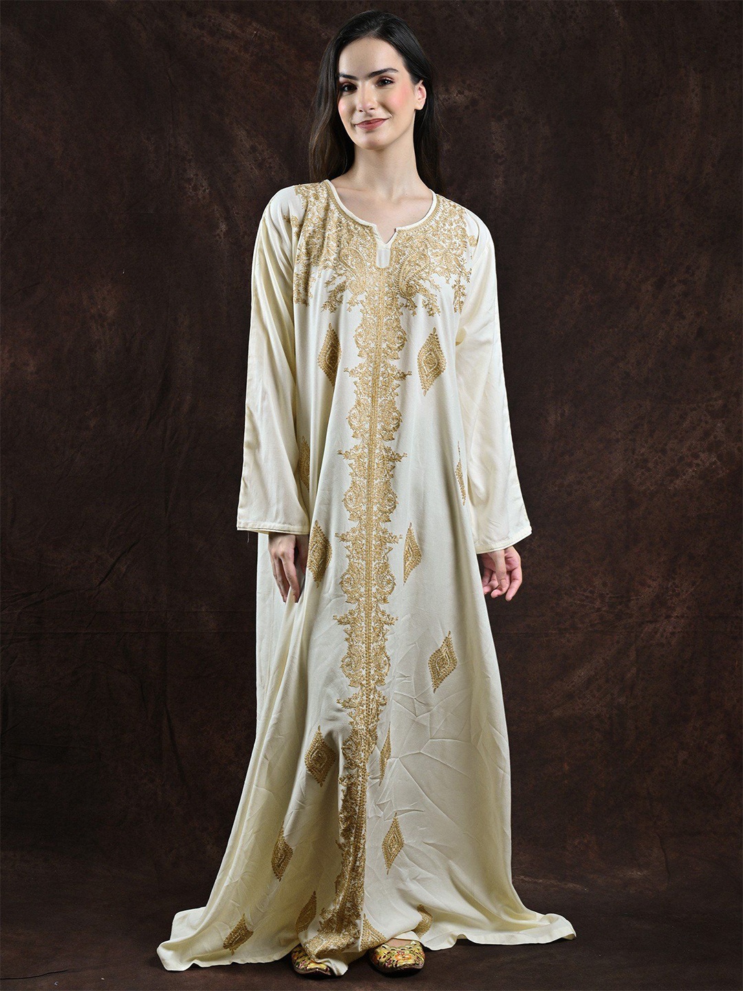 

Exotic India Women Embellished Embroidered Kaftan Maxi Dress, Cream