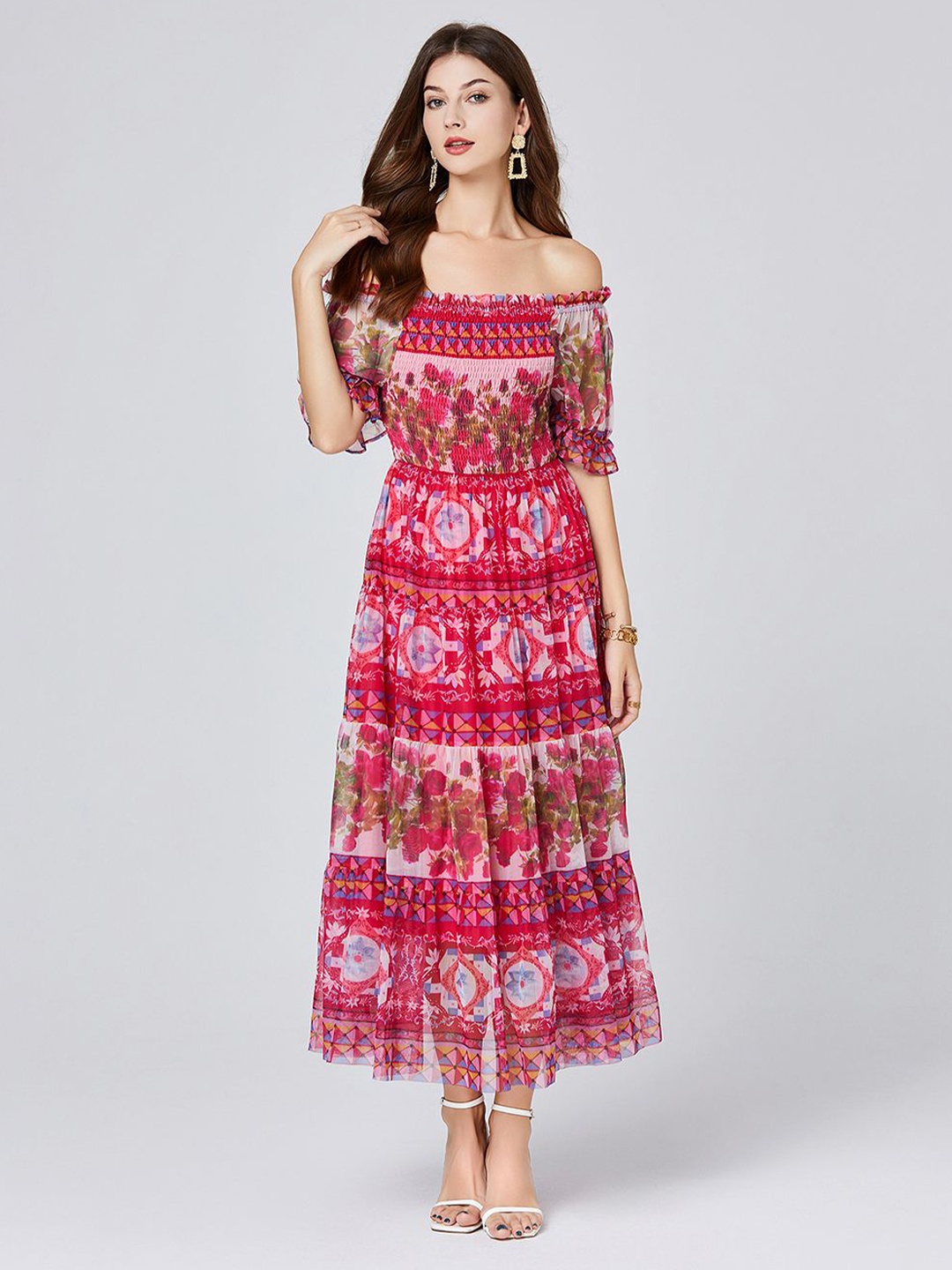 

JC Collection Printed Off-Shoulder Fit and Flare Dress, Pink