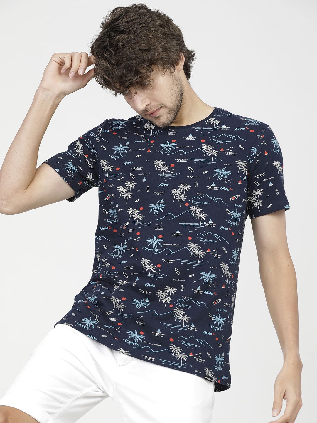

HIGHLANDER Men Conversational Printed Round Neck Cotton Slim Fit T-shirt, Navy blue