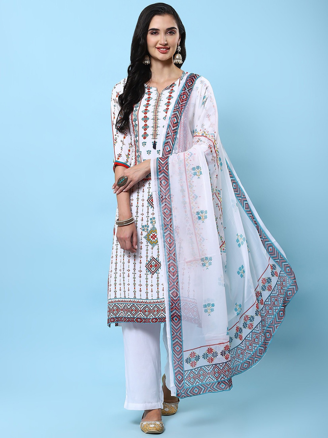 

Shree Geometric Printed Straight Liva Kurta & Trousers With Dupatta, White