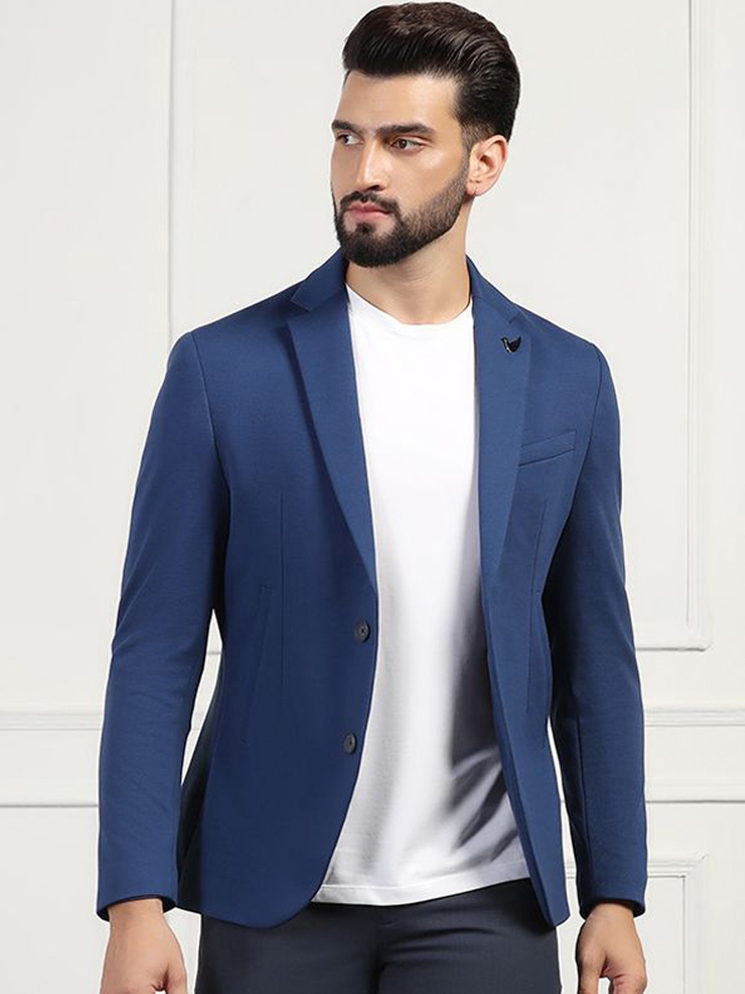 

Blackberrys Textured Single-Breasted Super Slim-Fit Notched Lapel Formal Blazer, Navy blue