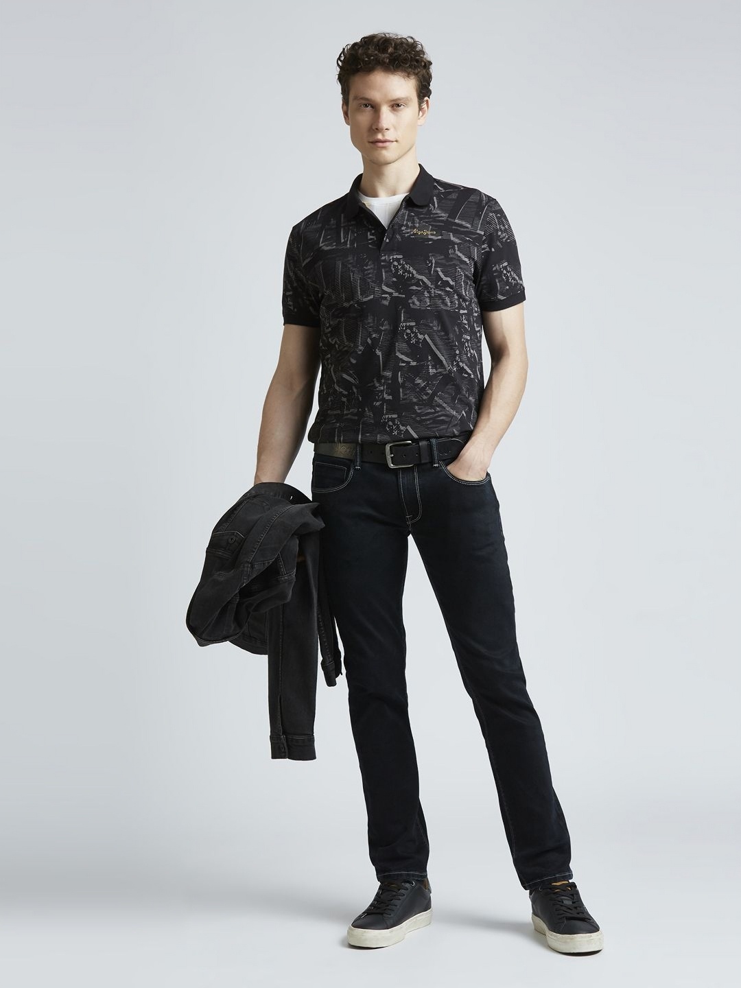 

Pepe Jeans Men Abstract Printed Polo Collar Cotton T-shirt, Black