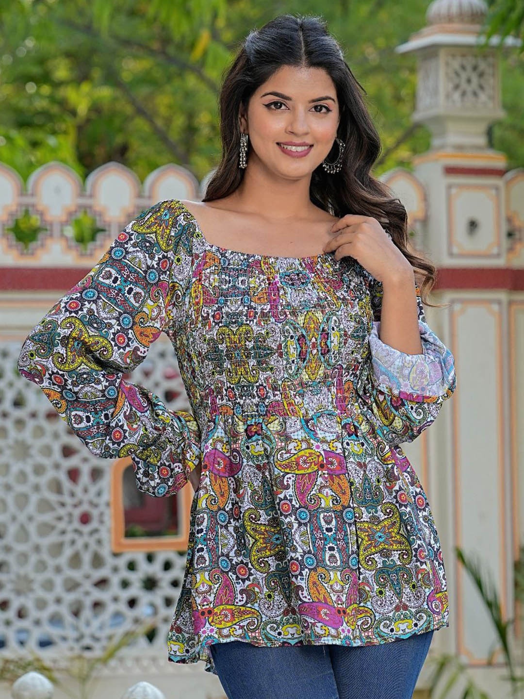 

YASH GALLERY Women Ethnic Motifs Printed Square Neck Top, Multi