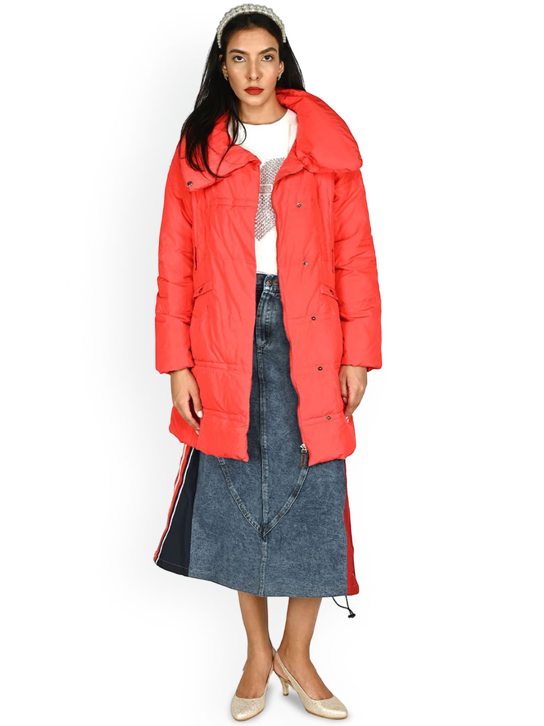 

ODETTE Women Solid Longline Padded Jacket, Red