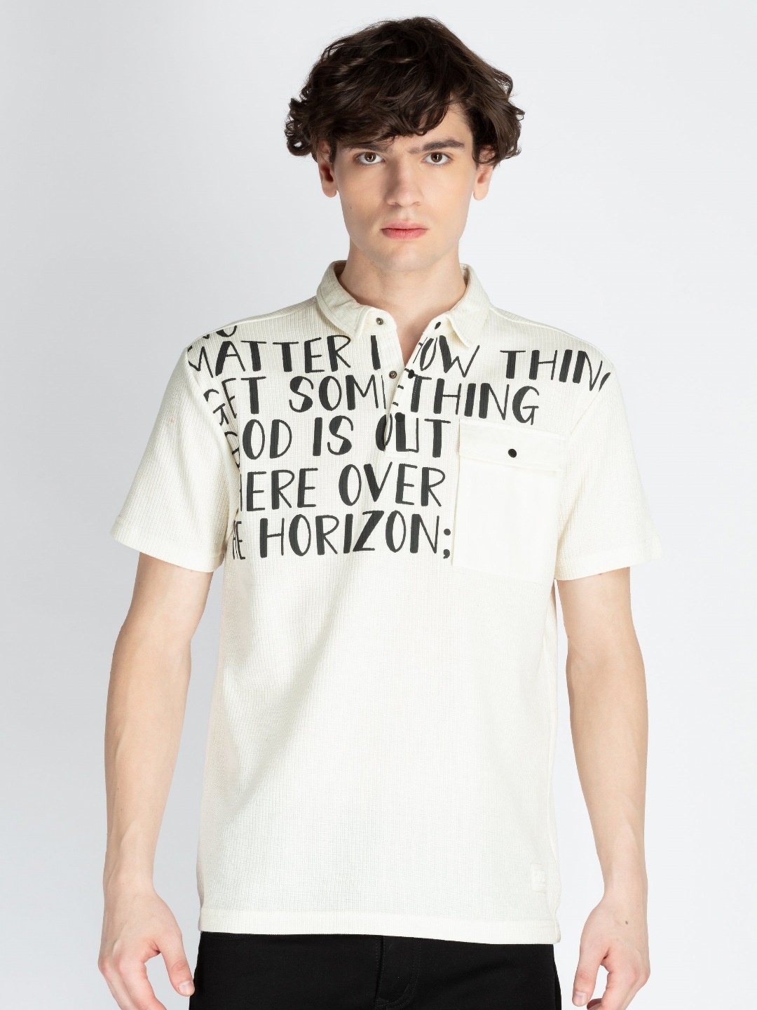 

Status Quo Men Typography Printed Polo Collar Cotton T-shirt, Off white