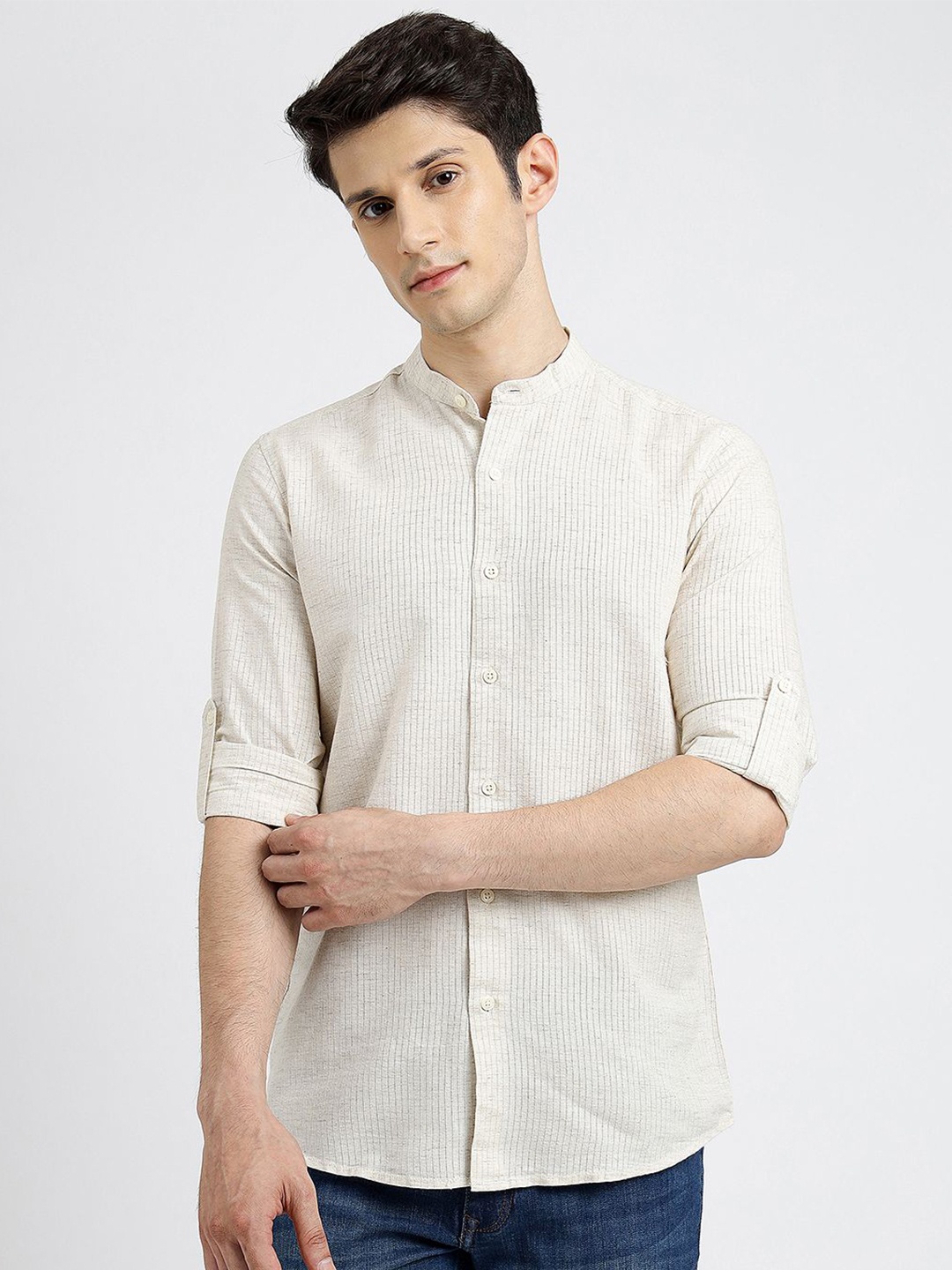 

JADE BLUE Men Mandarin Collar Vertical Striped Cotton Slim Fit Casual Shirt, Beige