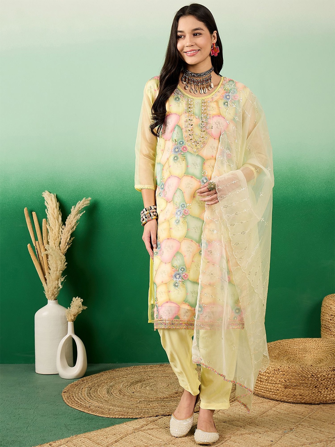 

MANVAA Women Floral Printed Sequinned Kurta with Trousers & Dupatta, Yellow