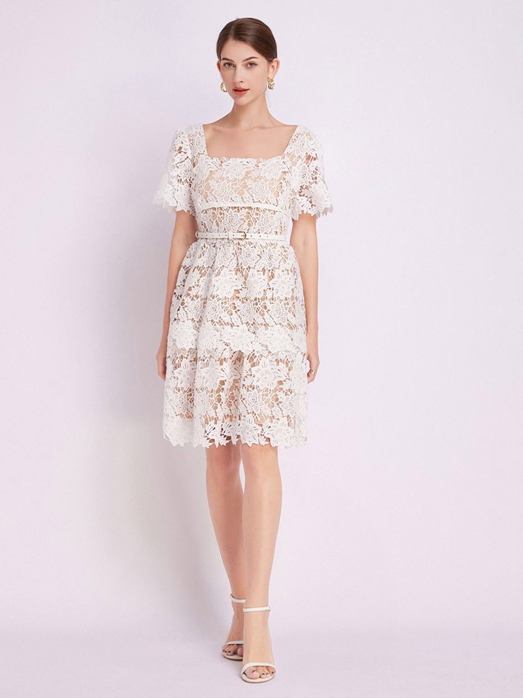 

JC Collection Women Floral Self Design Flutter Sleeve Fit & Flare Dress, White